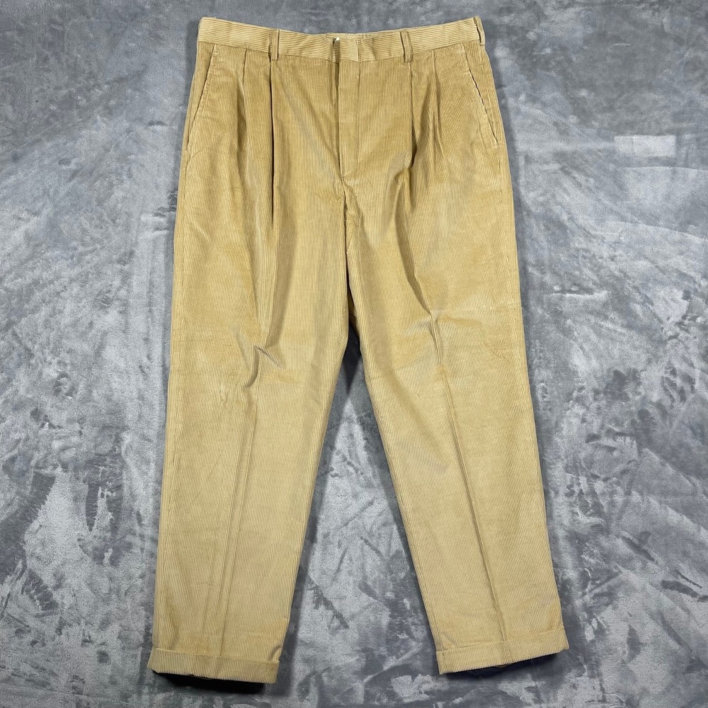Lands End Mens Tan‎ Corduroy Pleated Pants Cotton Casual Dress Khaki Size 38x32